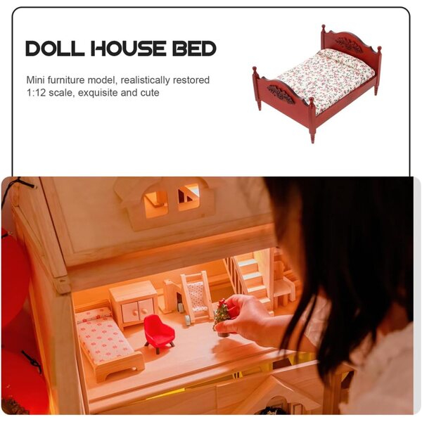 Letto Miniatura Casa delle Bambole in Stile Europeo Vintage in Legno Rosso 1:12