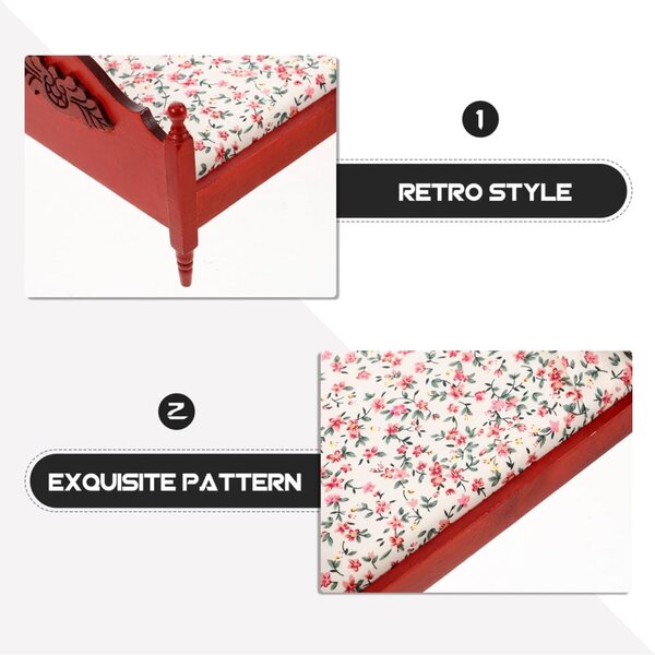 Letto Miniatura Casa delle Bambole in Stile Europeo Vintage in Legno Rosso 1:12