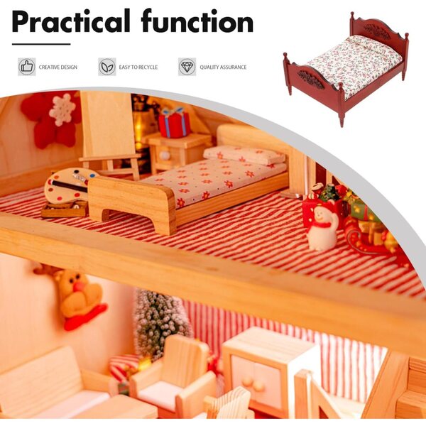 Letto Miniatura Casa delle Bambole in Stile Europeo Vintage in Legno Rosso 1:12