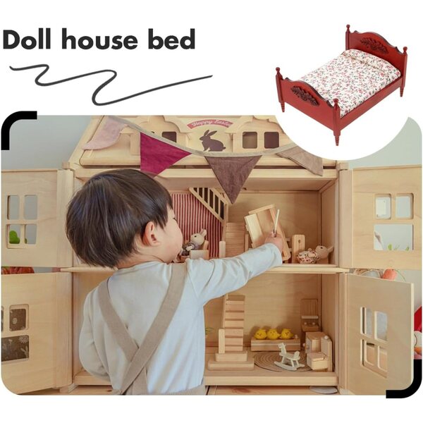 Letto Miniatura Casa delle Bambole in Stile Europeo Vintage in Legno Rosso 1:12