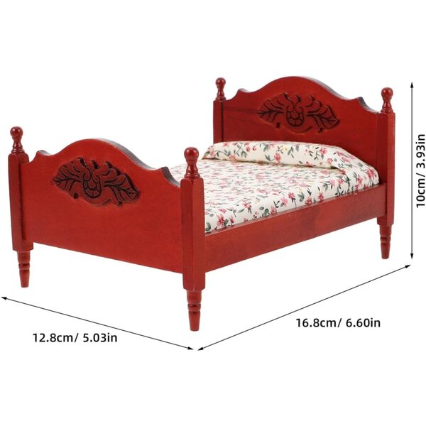 Letto Miniatura Casa delle Bambole in Stile Europeo Vintage in Legno Rosso 1:12