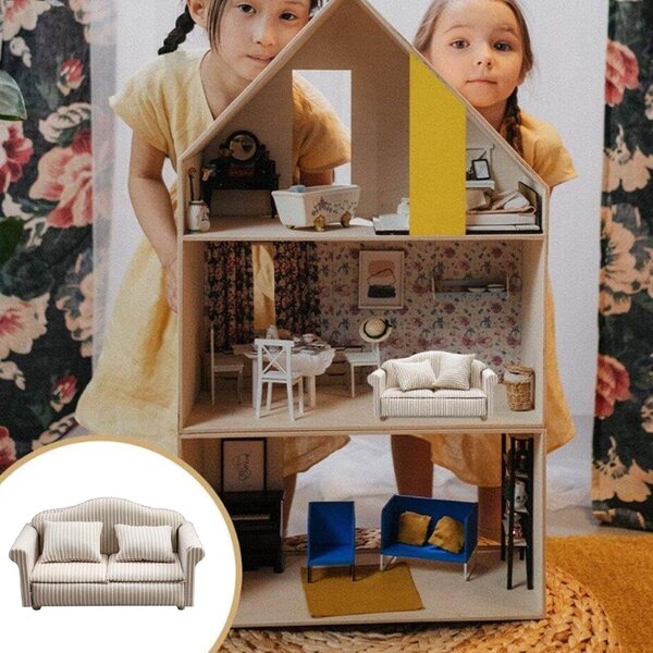 Mini-Sofa aus Holz und Stoff für das Puppenhaus, sicher und realistisch