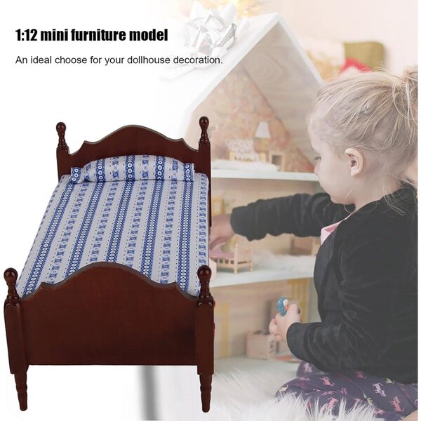 Letto miniatura in legno color sequoia 1:12 per casa delle bambole decorativa