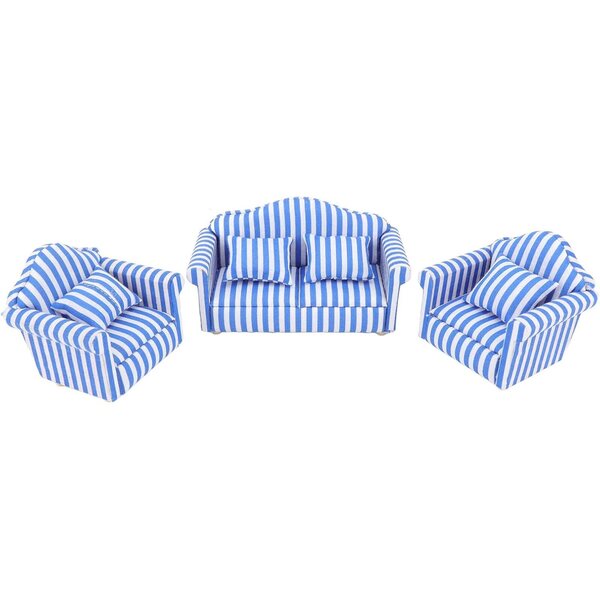 1:12 Sofagarnitur aus Holz und Stoff für Puppenhaus mit 4 Kissen – Blau