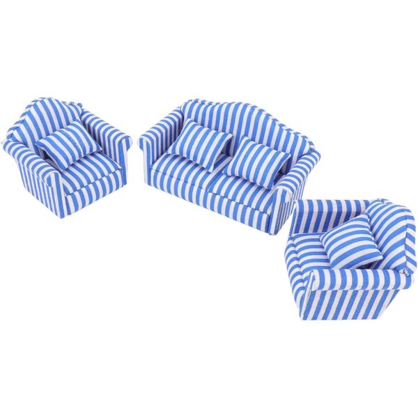 1:12 Sofagarnitur aus Holz und Stoff für Puppenhaus mit 4 Kissen – Blau
