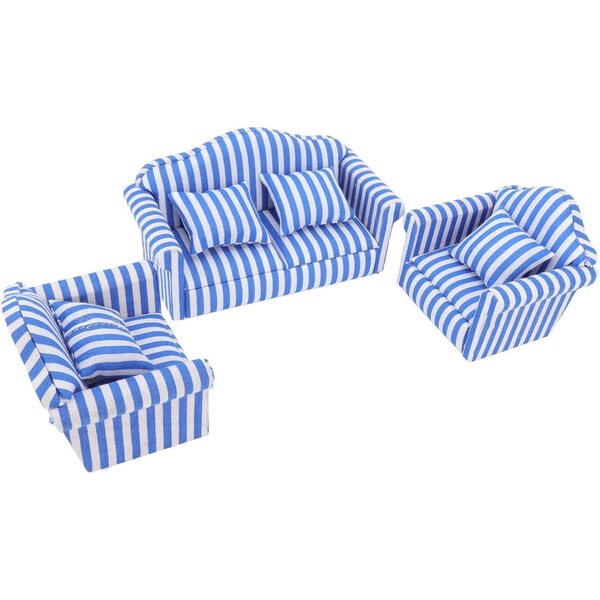 1:12 Sofagarnitur aus Holz und Stoff für Puppenhaus mit 4 Kissen – Blau
