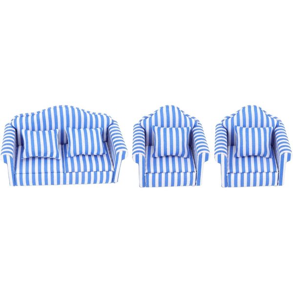 1:12 Sofagarnitur aus Holz und Stoff für Puppenhaus mit 4 Kissen – Blau