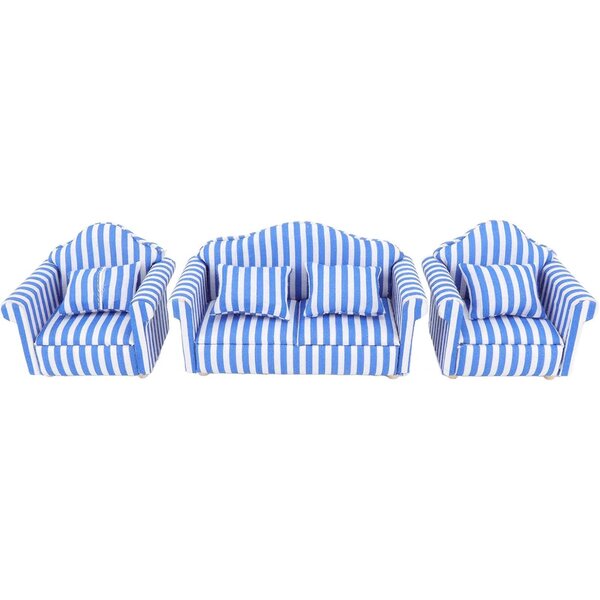 1:12 Sofagarnitur aus Holz und Stoff für Puppenhaus mit 4 Kissen – Blau