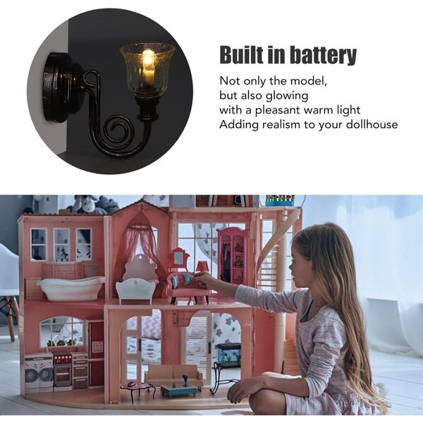 1:12 Vintage LED-Wandleuchte für Puppenhaus aus Metall mit warmem Licht