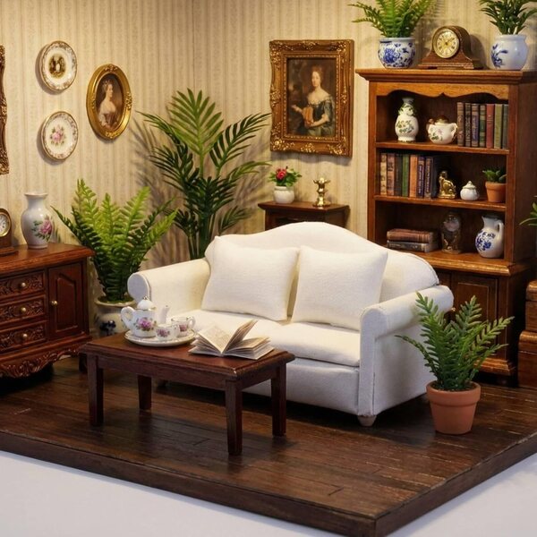 Canapé Miniatura in Legno Bianco 1:12 con Cuscini per Casa delle Bambole