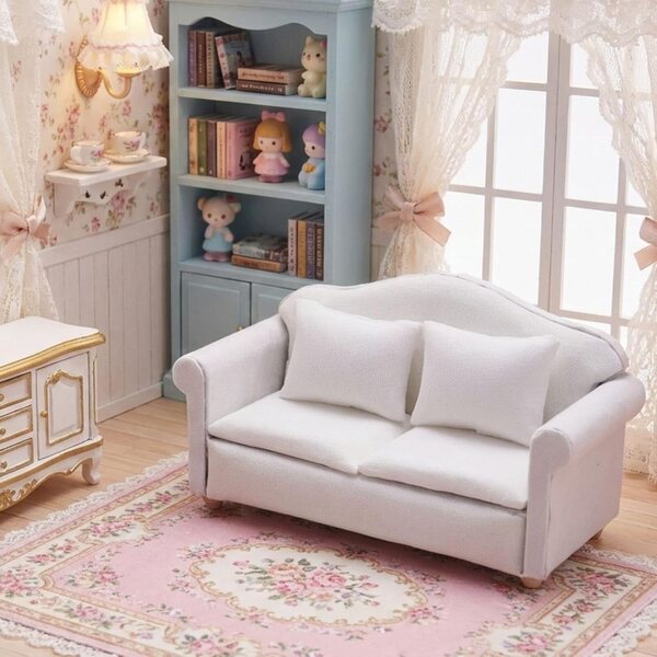 Canapé Miniatura in Legno Bianco 1:12 con Cuscini per Casa delle Bambole