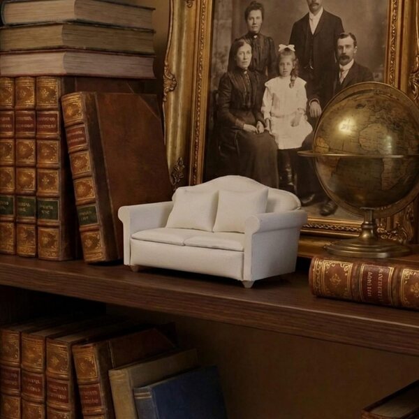 Canapé Miniatura in Legno Bianco 1:12 con Cuscini per Casa delle Bambole