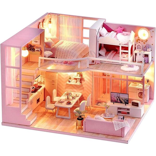 TuKIIE Kit casa delle bambole miniatura 1:24 con mobili, musica e LED, fai da te