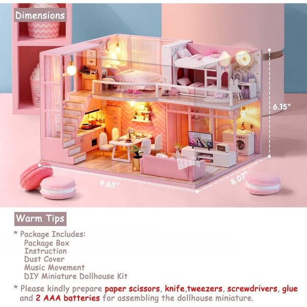 TuKIIE Kit casa delle bambole miniatura 1:24 con mobili, musica e LED, fai da te
