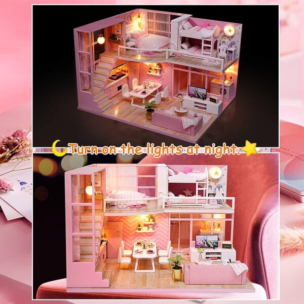 TuKIIE Kit casa delle bambole miniatura 1:24 con mobili, musica e LED, fai da te