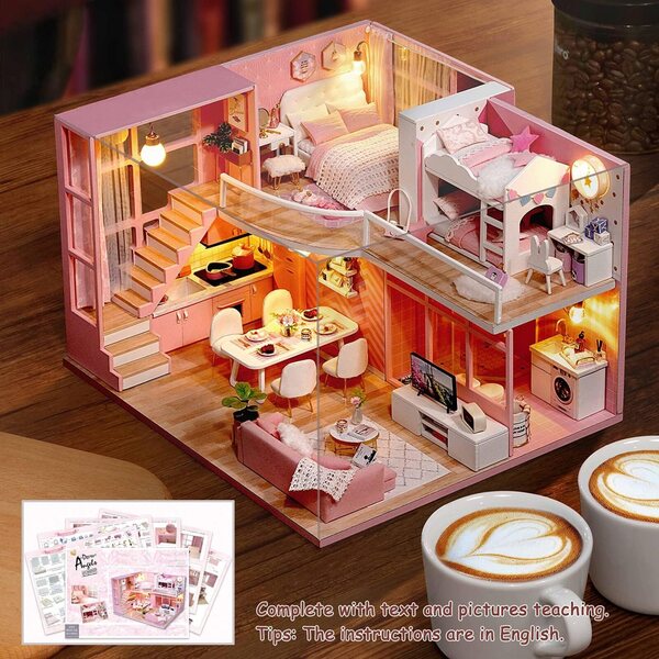 TuKIIE Kit casa delle bambole miniatura 1:24 con mobili, musica e LED, fai da te