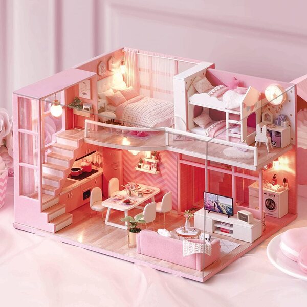 TuKIIE Kit casa delle bambole miniatura 1:24 con mobili, musica e LED, fai da te