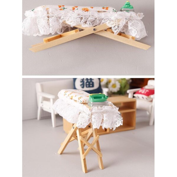 1/12 Miniatur-Bügelbrett und Bügeleisen-Set für Puppenhäuser, dekorative Möbel