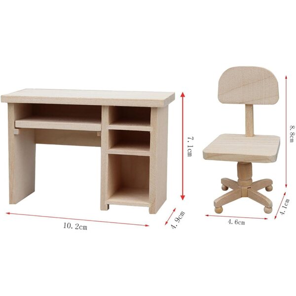 DuskHaven Miniatur-Schreibtisch- und Stuhl-Set aus Holz, 1:12, für Puppenhaus