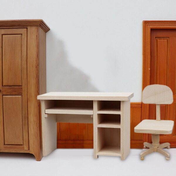 DuskHaven Miniatur-Schreibtisch- und Stuhl-Set aus Holz, 1:12, für Puppenhaus