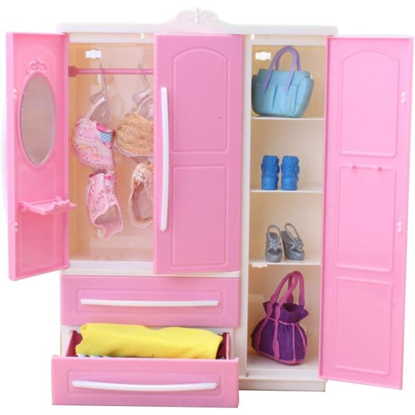 Kompakter und tragbarer Puppenkleiderschrank aus weißem Kunststoff mit faltbaren Kleiderbügeln