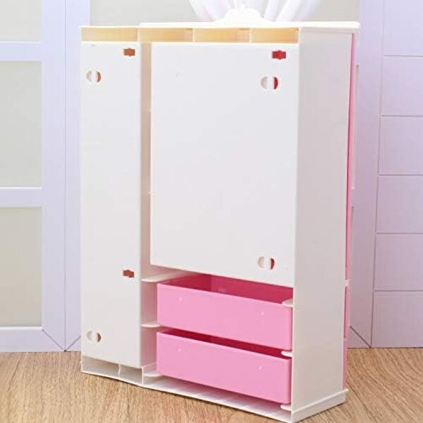 Kompakter und tragbarer Puppenkleiderschrank aus weißem Kunststoff mit faltbaren Kleiderbügeln