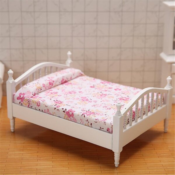 Mini-Puppenhausmöbel 1:12 Schlafzimmer mit Doppelbett und Blumenmuster