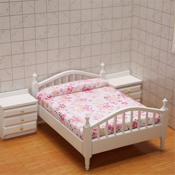 Mini-Puppenhausmöbel 1:12 Schlafzimmer mit Doppelbett und Blumenmuster