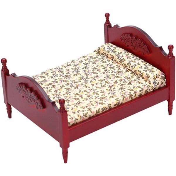 1:12 Puppenhaus Mini-Doppelbett aus Holz mit Blumenmatratze