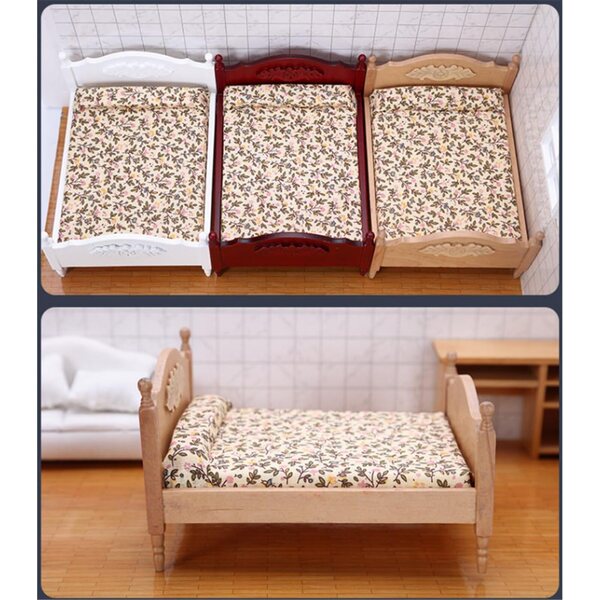1:12 Puppenhaus Mini-Doppelbett aus Holz mit Blumenmatratze