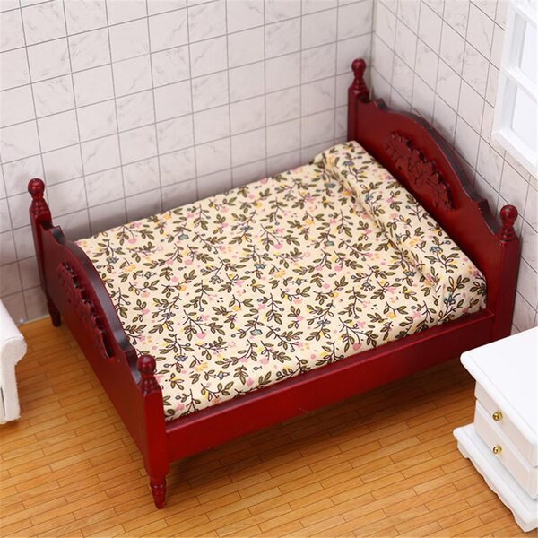 1:12 Puppenhaus Mini-Doppelbett aus Holz mit Blumenmatratze