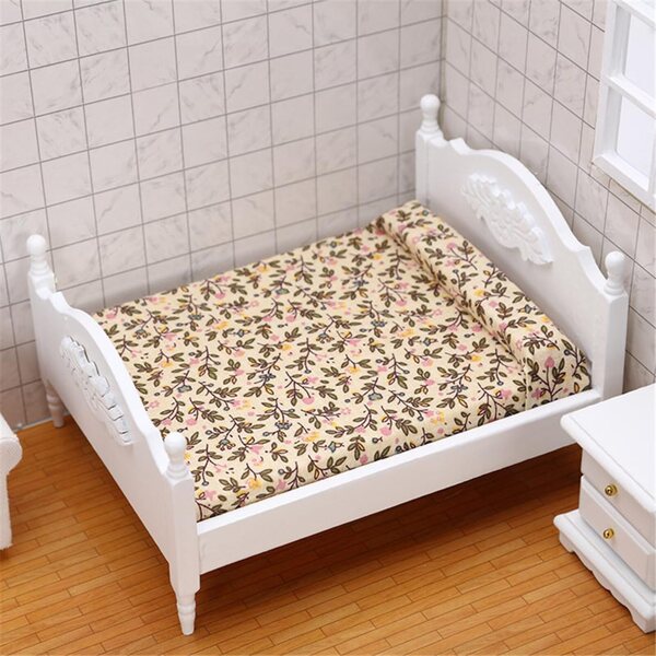 1:12 Puppenhaus Mini-Doppelbett aus Holz mit Blumenmatratze
