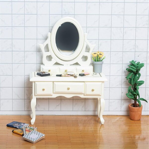 Puppenhaus-Miniaturschlafzimmer mit Spiegel und DIY-Schminktisch aus Holz
