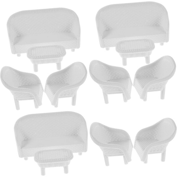 Set mit 3 weißen Möbelminiaturen für Puppenhäuser und Feengärten aus Kunststoff