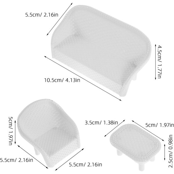 Set mit 3 weißen Möbelminiaturen für Puppenhäuser und Feengärten aus Kunststoff