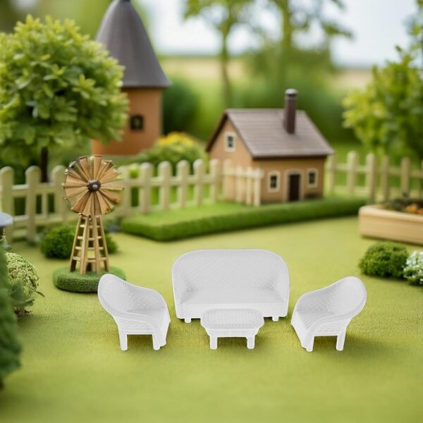 Set mit 3 weißen Möbelminiaturen für Puppenhäuser und Feengärten aus Kunststoff