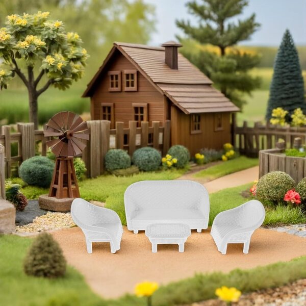 Set mit 3 weißen Möbelminiaturen für Puppenhäuser und Feengärten aus Kunststoff