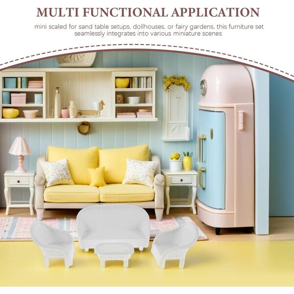 Set mit 3 weißen Möbelminiaturen für Puppenhäuser und Feengärten aus Kunststoff