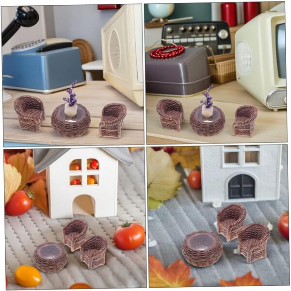 Set Miniatura Mobili in Rattan per Casa delle Bambole con Tavolo, Sedie e Piante