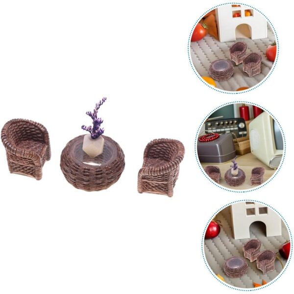 Set Miniatura Mobili in Rattan per Casa delle Bambole con Tavolo, Sedie e Piante