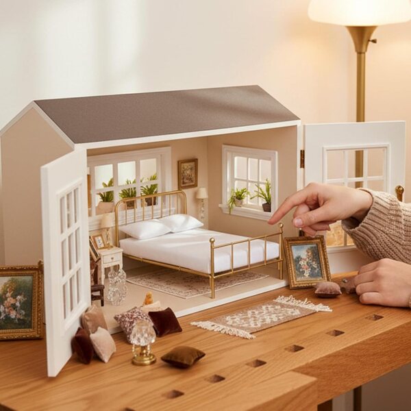 Letto in Miniatura 1:12 con Struttura in Ferro e Materasso Bianco per Casa delle Bambole