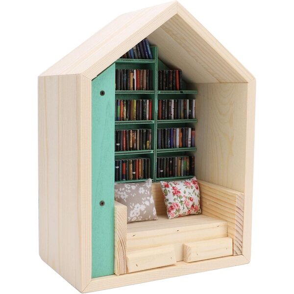 Mini Casa Libreria in Legno di Pino, Kit Decorativo con Libri e Cuscini