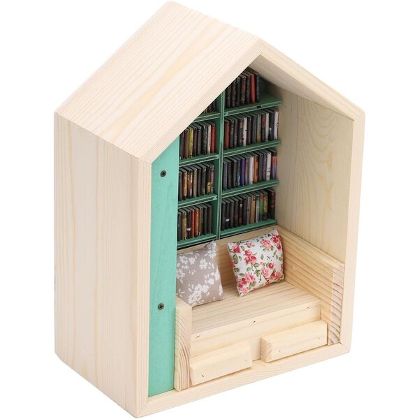 Mini Home Bücherregal aus Kiefernholz, Deko-Set mit Büchern und Kissen