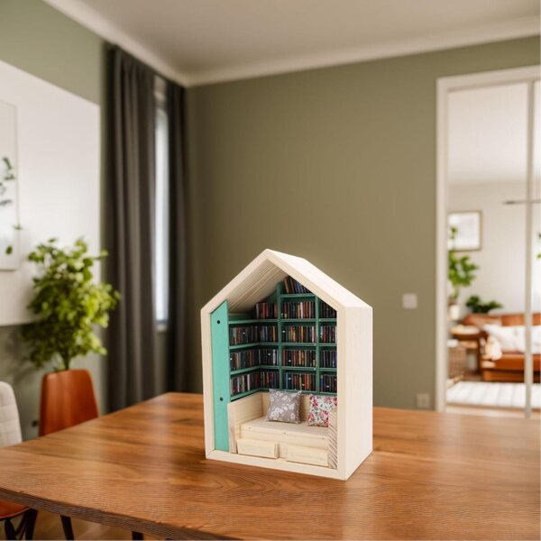Mini Home Bücherregal aus Kiefernholz, Deko-Set mit Büchern und Kissen