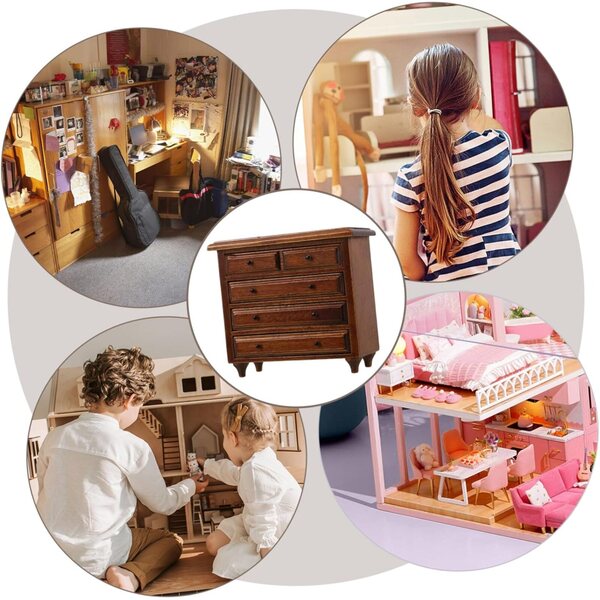Mini-Kommode Bois Massif finition châtaigne für Vintage-Puppenhausmöbel
