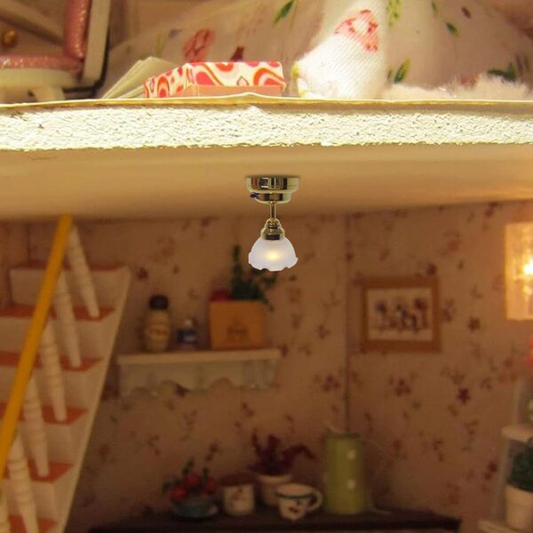 Lampadario casa delle bambole 1:12 fiore in metallo LED batteria 2,1x3,4 cm