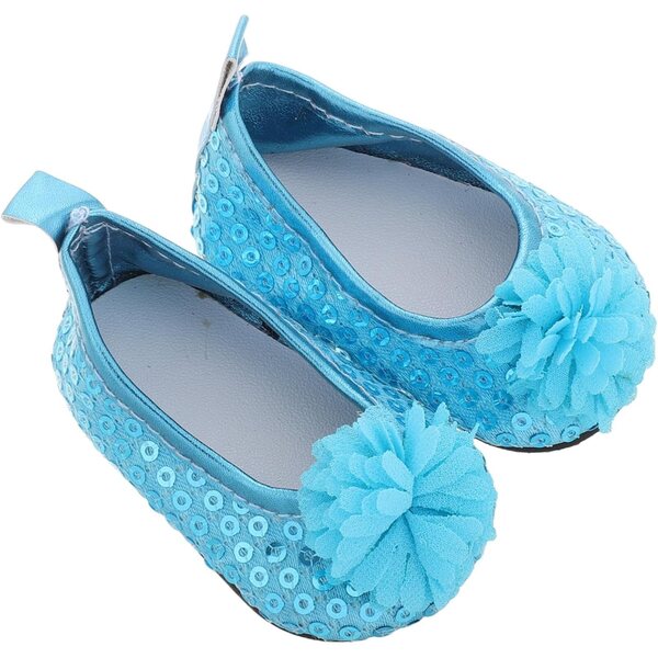 Elegante blaue Paillettenschuhe für 18-Zoll-Puppen mit Blumen und Glitzer