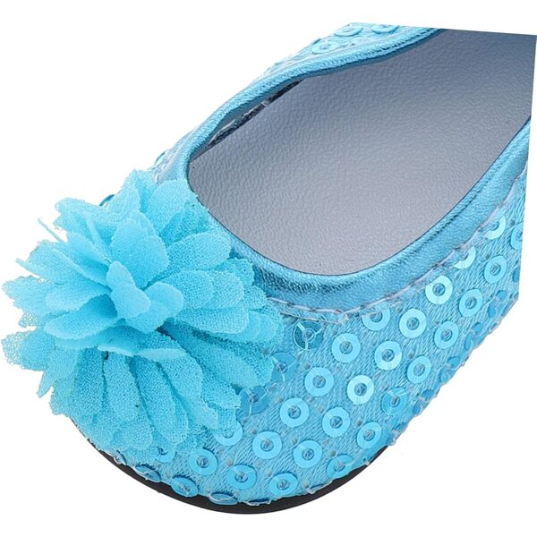 Elegante blaue Paillettenschuhe für 18-Zoll-Puppen mit Blumen und Glitzer