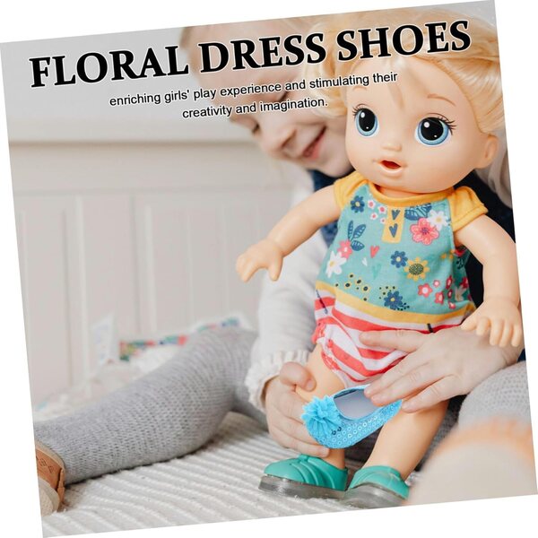 Elegante blaue Paillettenschuhe für 18-Zoll-Puppen mit Blumen und Glitzer