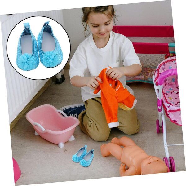 Elegante blaue Paillettenschuhe für 18-Zoll-Puppen mit Blumen und Glitzer